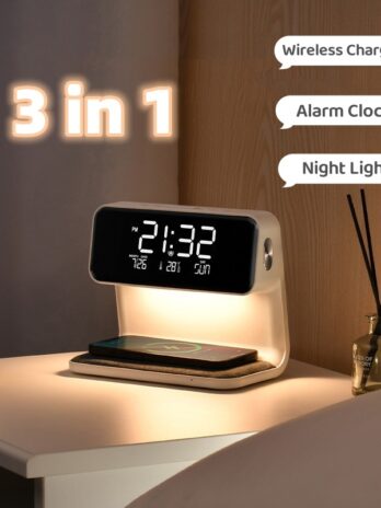 Creative 3 In 1 Bedside Lamp Wireless Charging LCD Screen Alarm Clock  Wireless Phone Charger