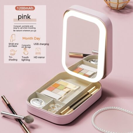 Makeup Storage Box With LED Light Mirror Portable Travel Makeup Cosmetics Storage Box Touch Light Storage Organizer - Image 3